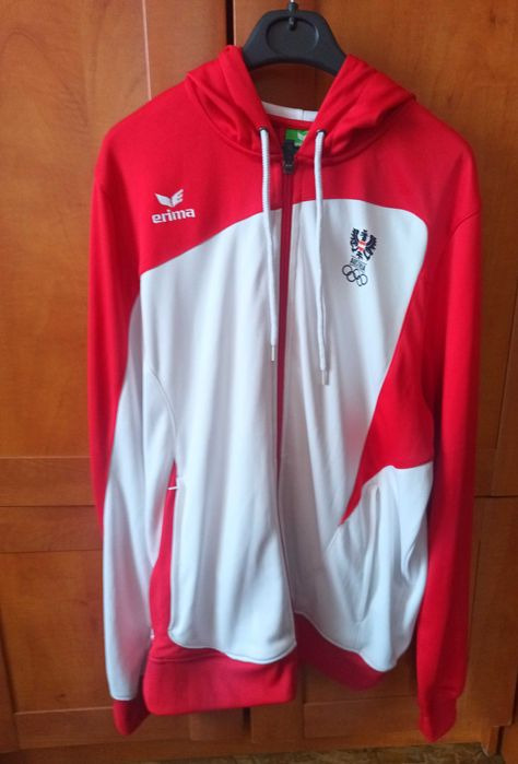 Bluza sportowa z kapturem damska biało - czerwona r. L