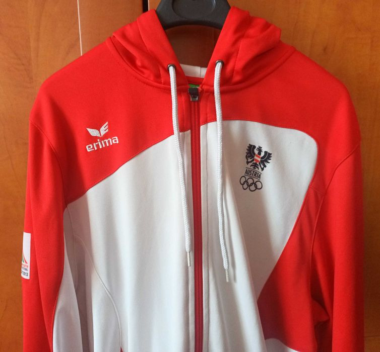 Bluza sportowa z kapturem damska biało - czerwona r. L