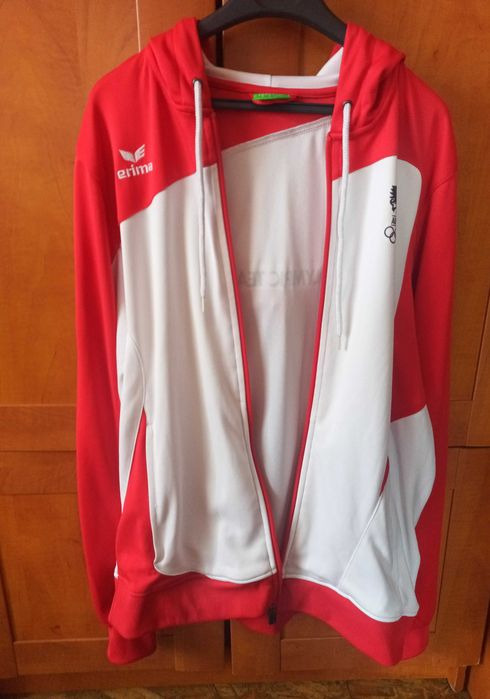 Bluza sportowa z kapturem damska biało - czerwona r. L