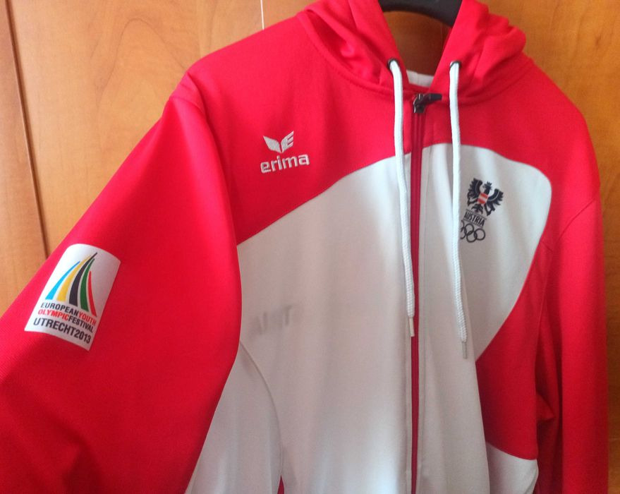 Bluza sportowa z kapturem damska biało - czerwona r. L